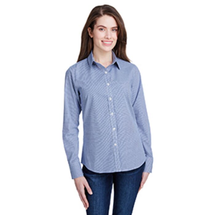 Ladies' Microcheck Gingham Long-Sleeve Cotton Shirt Thumbnail